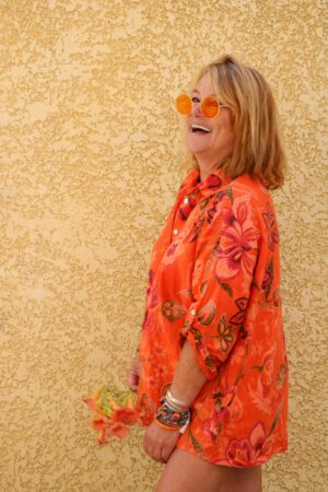 Chemise en lin fleurie orange - Maupiti