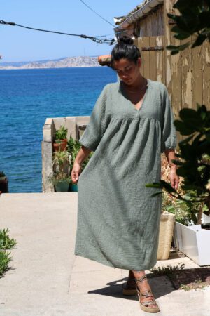 Robe longue en gaze de coton kaki - Temihi