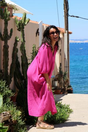 Robe longue en gaze de coton rose - Temihi