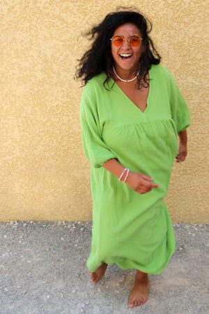 Robe longue en gaze de coton verte pomme - Temihi