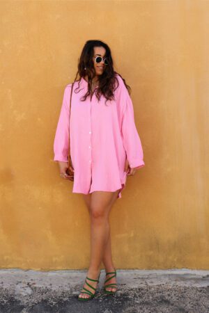 Robe chemise en gaze de coton rose pâle - Miti