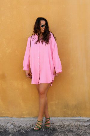 Robe chemise en gaze de coton rose pâle - Miti