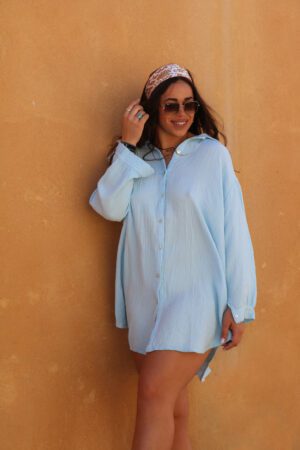 Robe chemise en gaze de coton bleu ciel - Miti