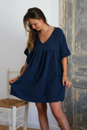 Robe courte en gaze de coton bleu marine - Teva