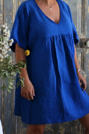Robe courte en gaze de coton bleu roi - Teva