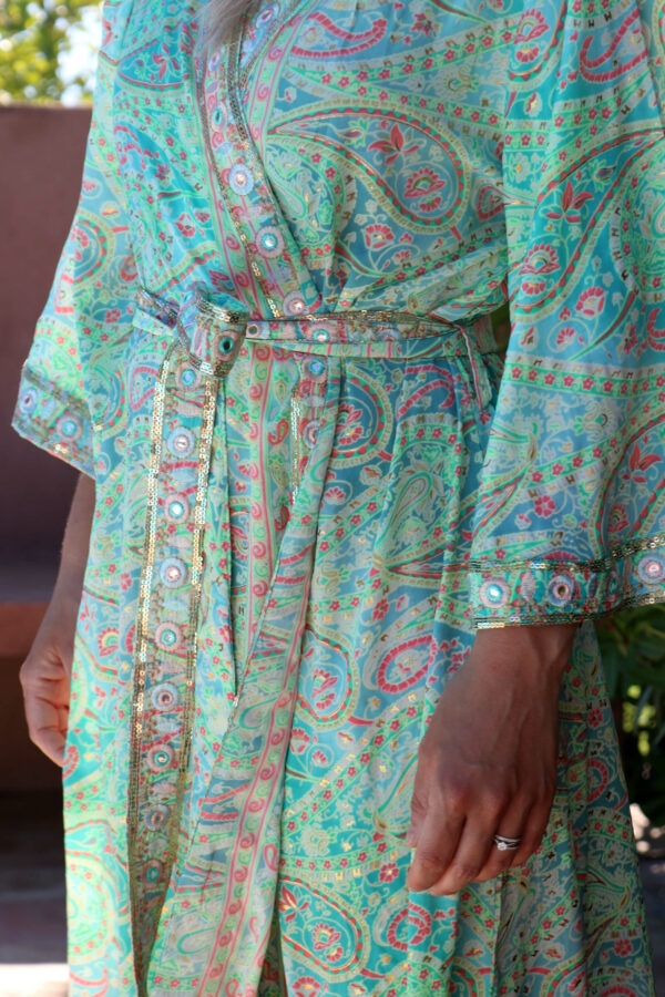 Kimono femme en soie à motifs vert - Pareu