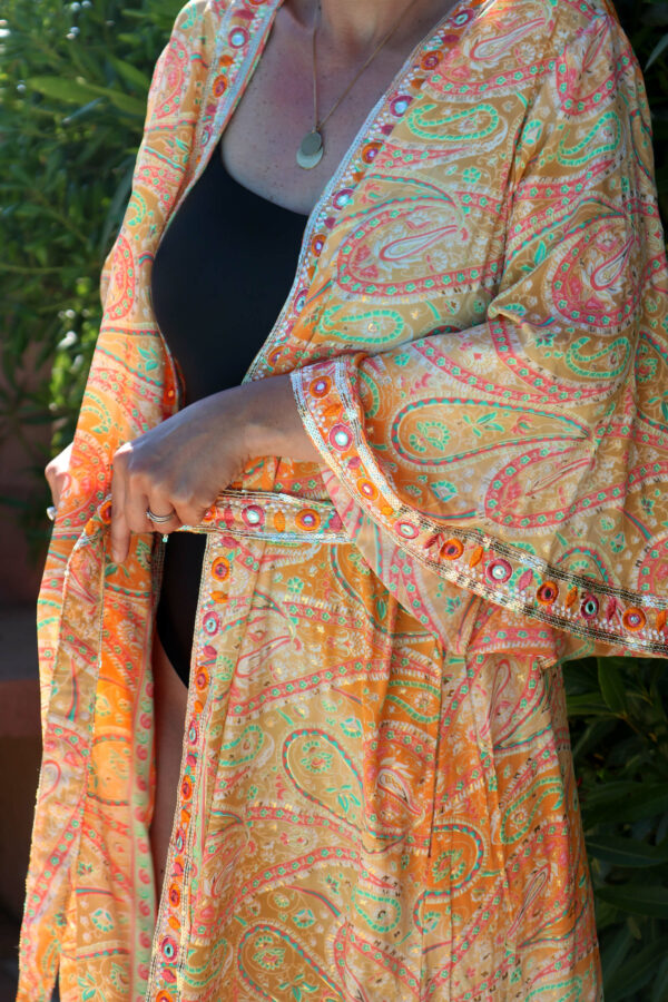 Kimono femme en soie à motifs orange - Pareu