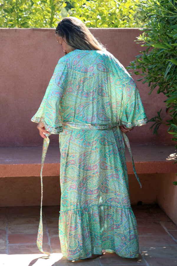 Kimono femme en soie à motifs vert - Pareu