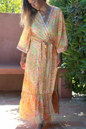 Kimono femme en soie à motifs orange - Pareu