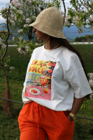 T-shirt oversize blanc avec dessin et typo - Iri