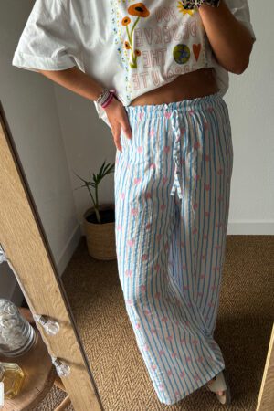 Pantalon en gaze de coton à rayures bleu avec coeurs - Timeri