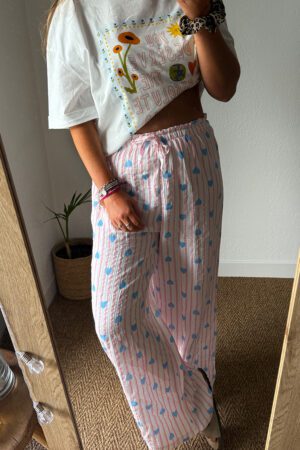 Pantalon en gaze de coton à rayures rose avec coeurs - Timeri
