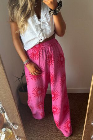 Pantalon en gaze de coton rose et rouge - Rai
