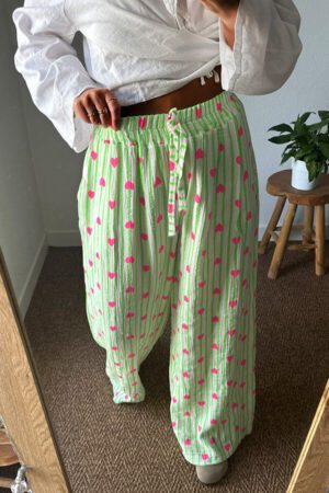 Pantalon en gaze de coton à rayures vertes avec coeurs - Timeri