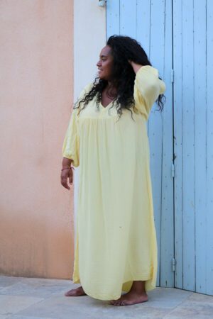 Robe longue en gaze de coton jaune pâle - Temihi